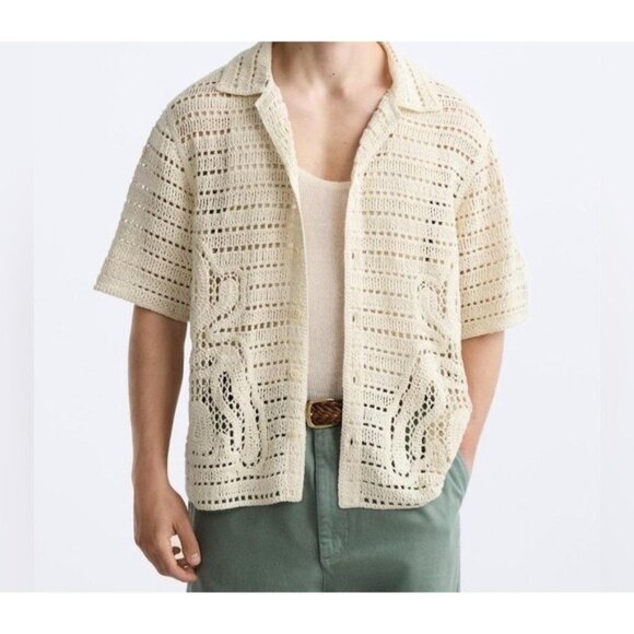 Zara Men's Button Down Crocheted Short Sleeve Top Size XL - Picture 1 of 11